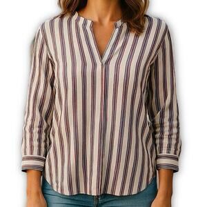 J Crew Cotton Striped Split Neck Long Sleeve Blouse Red Blue White Size 12